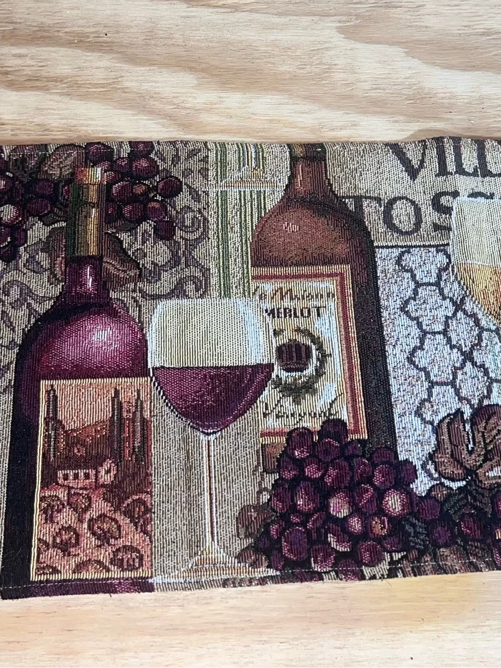 Wine Bottle & Glass Tapestry Runner in Burgundy and Tan